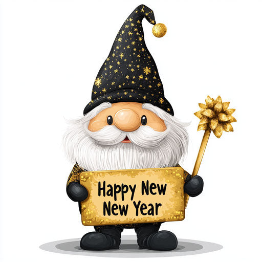 Black and gold gnome with white beard, sign 2025 Happy New Year