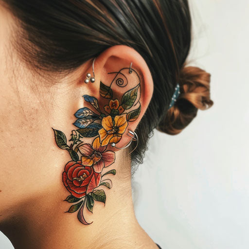 Ear tattoos inspired by Maria Sibylla Merian with floral patterns
