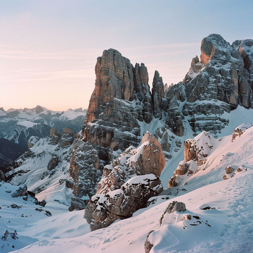 Dolomite mountain peaks, fresh snow, rocks, winter dawn, vivid colors, atmospheric, cinematic