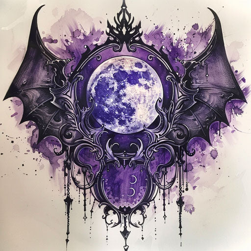 Flat gothic tattoo sketch of a full moon with bat wings and gothic arches