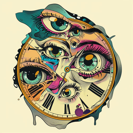 Flat tattoo sketch of a clock with eyes instead of numbers