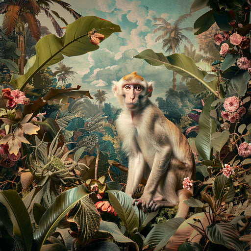 Rhesus monkey in a fantastical jungle