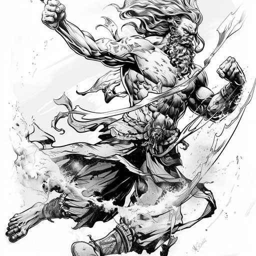 Zeus battling Titans, epic scene for full back tattoo