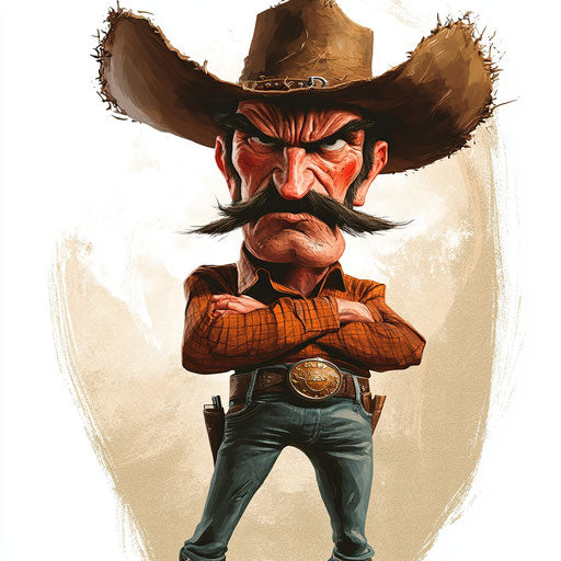 Humorous caricature of a cowboy with rosy cheeks and thin legs
