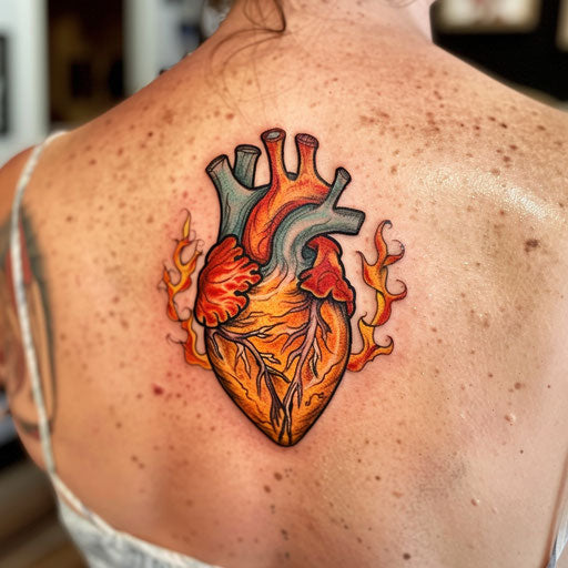 Anatomical heart tattoo accentuated by fire and flames in a vibrant color scheme, on white background.