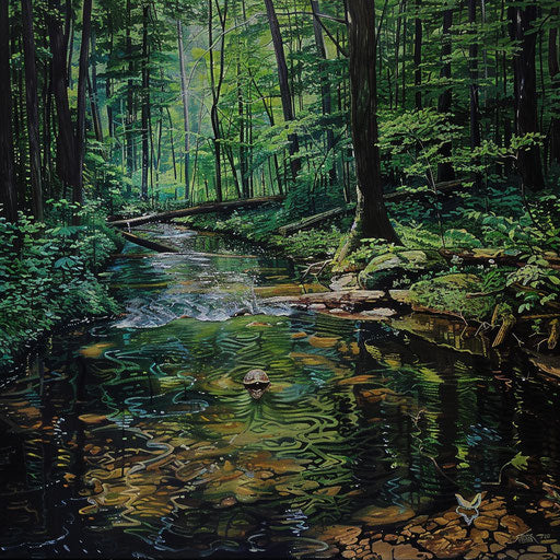 Wood turtle in creek through dense forest