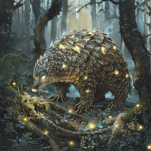 A mystical pangolin with glowing eyes, in an enchanted forest
