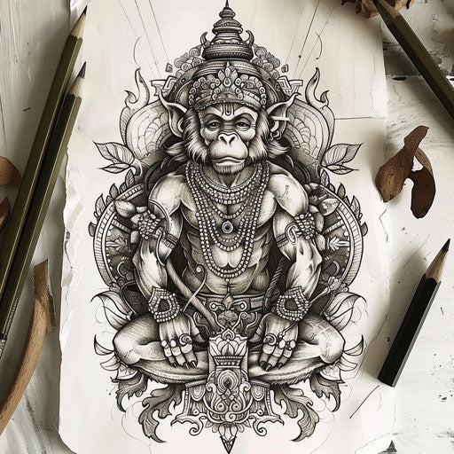 Exotic flat tattoo sketch of Hanuman adorned with traditional Thai art motifs