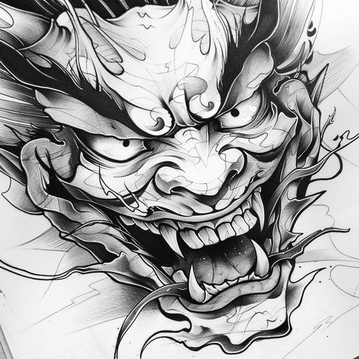 Bold sketch of Japanese demon with intense face