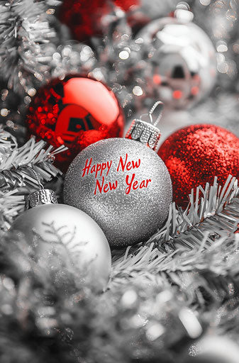 Christmas ornaments, silver and red color palette