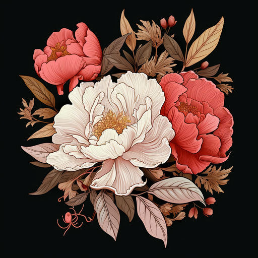 Biological illustration and hand drawn peony with leaves, ivy and leaves isolated izi zcim, in the style of strong linear elements, organic material