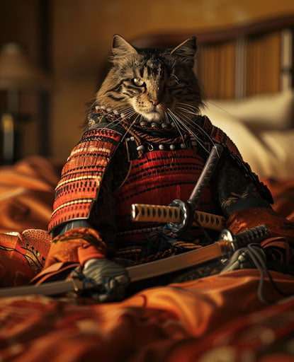 Cat in samurai costume sitting on a bed