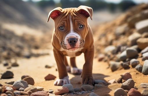 A pitbull walking on gravel, looking at the camera with joyful and optimistic style