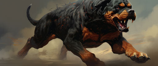 Rottweiler running in dark green and light crimson