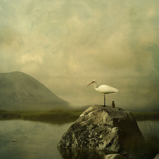 Ibis bird in serene, poetic landscape