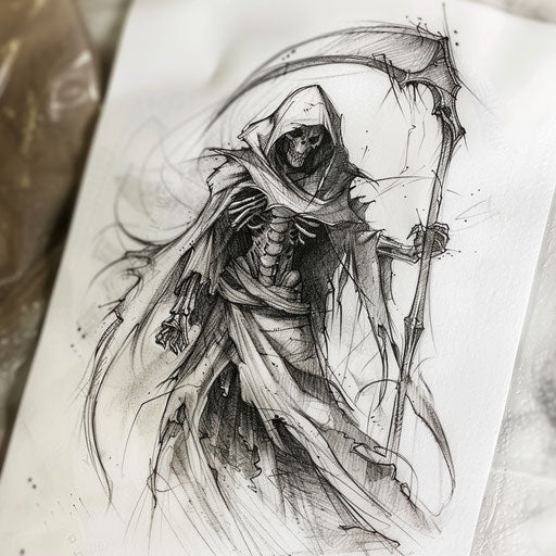 Grim reaper with scythe tattoo design in black and grey