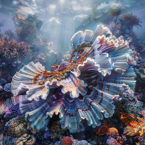 Giant clam in a surreal underwater landscape with vivid colors