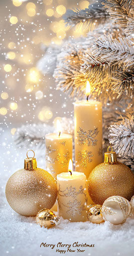 Christmas candles and golden decorations on white background