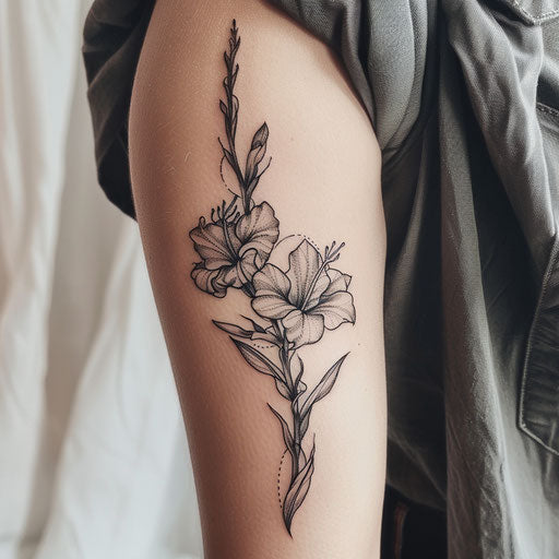 Art Nouveau inspired gladiolus tattoo, organic shapes on white canvas