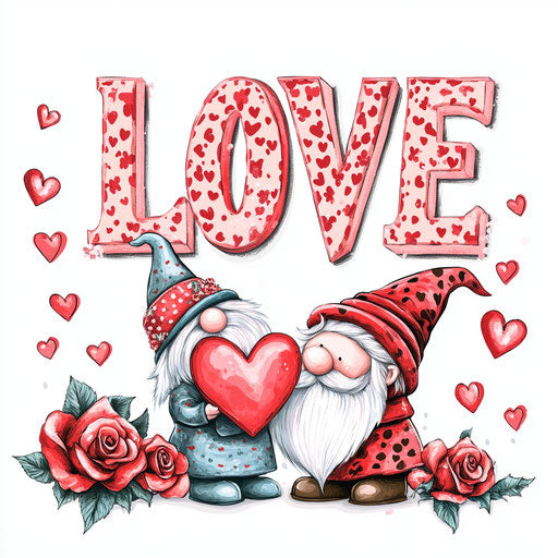 Valentine’s Day themed design with the word "LOVE" adorned by gnomes and hearts, roses, red leopard print, isolated on white background, clipart style