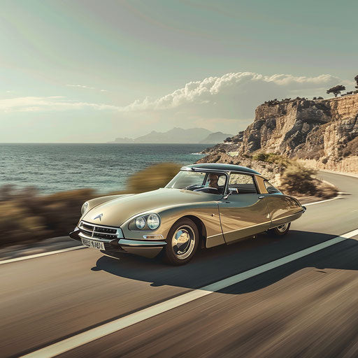Sleek Citroen DS 20 sports coupe speeding on coastal road