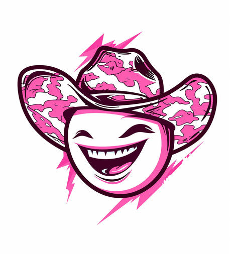 Pink and white vector logo of a happy emoji wearing a cowboy hat
