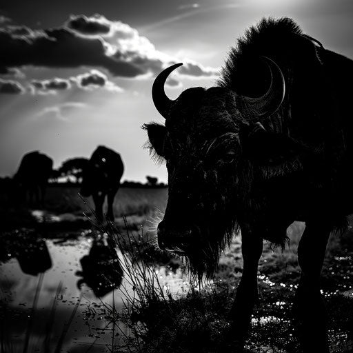 Buffalo in a black and white photograph with dramatic shadows