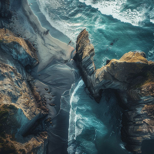 Rock beach with dramatic coastline and rugged terrain