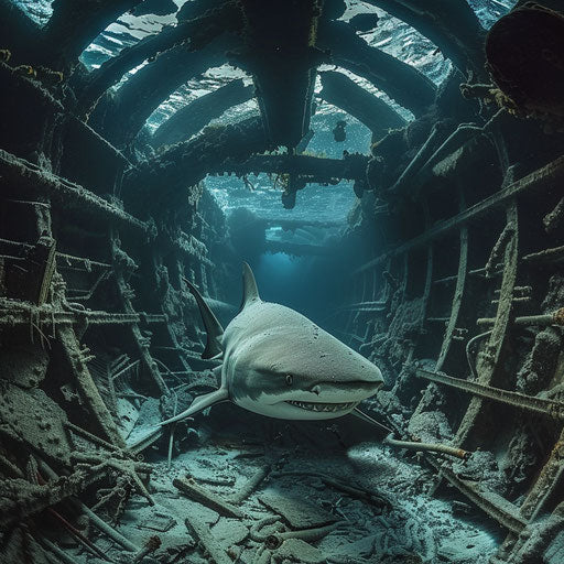 Bull shark in sunken shipwreck scene