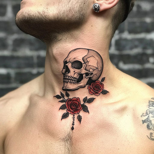 Throat tattoos for men with gothic skull and roses