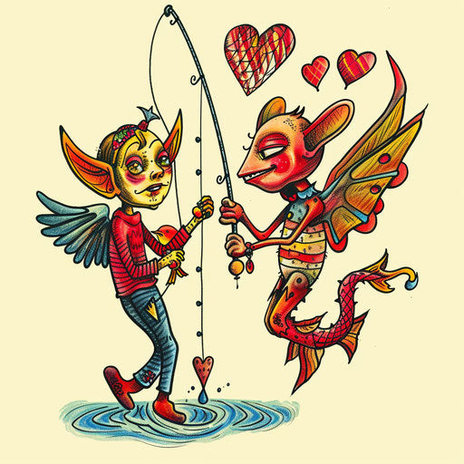 Whimsical flat tattoo sketch of a devil and angel fishing