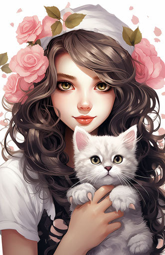 Beautiful girl with a kitty coloring book, anime inspired style