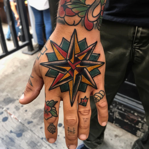 Hand tattoo of a nautical star, Sailor Jerry style