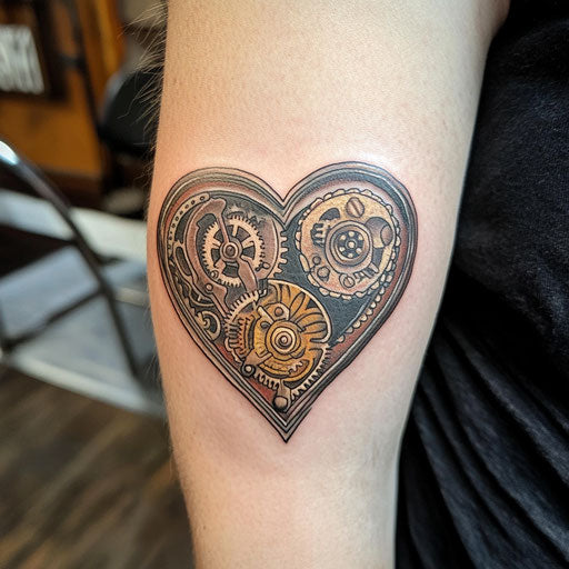 Mom heart tattoo with steampunk-inspired design and clockwork elements