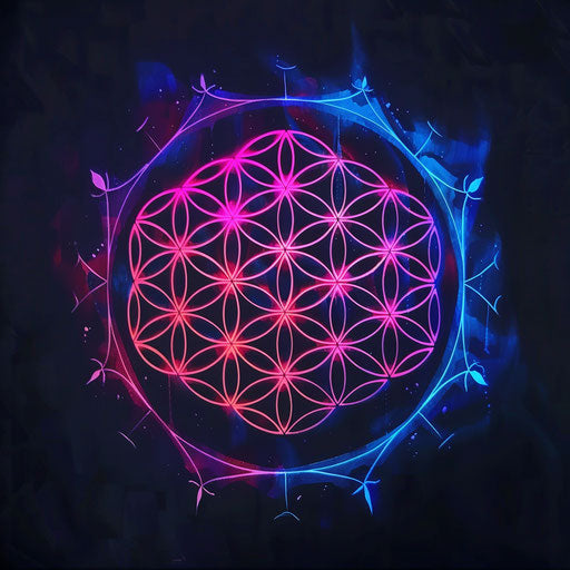 Futuristic tattoo sketch of the Flower of Life, neon colors on dark background
