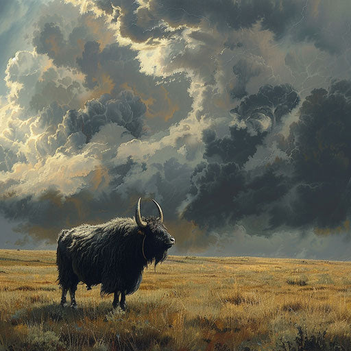 Yak standing in a field under a stormy sky