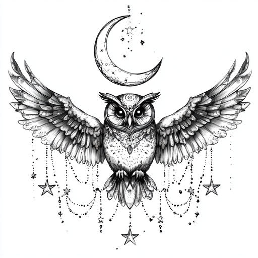 Owl chest tattoo crescent stars on white background