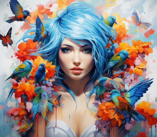 Beautiful girl with blue hair and flying hummingbirds