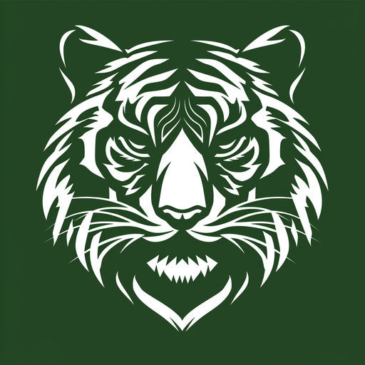 Stylized sports logo of tiger in green and white on dark green