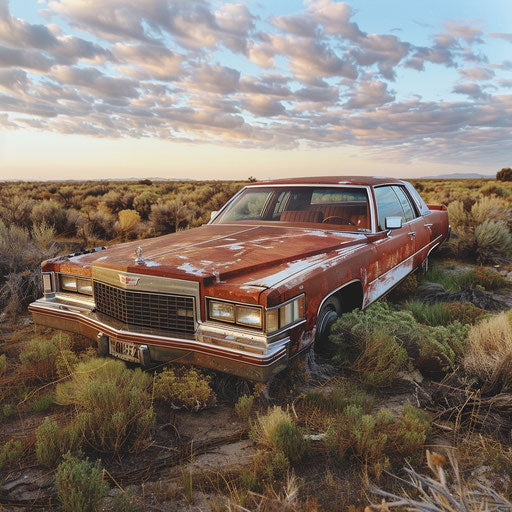 Old rusty Cadillac in an abandoned desert