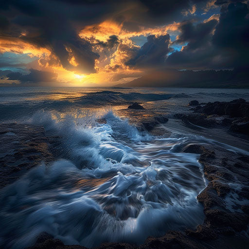 Moody sunset at Glass Beach with crashing waves and dark clouds