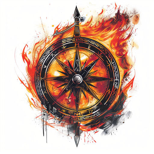 Viking tattoo sketch with red and orange flame effect