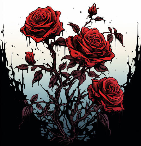 Bold ink illustration of sleek and stylized roses