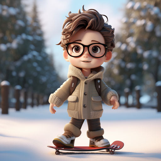 Cartoon character with skateboard and glasses, Unreal Engine style, cute and dreamy, snow scenes, child-like innocence, soft sculptures