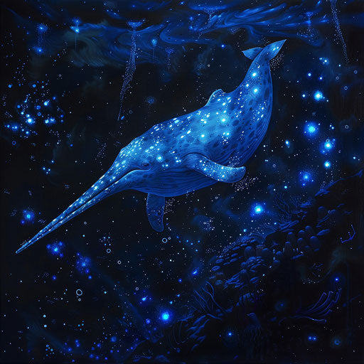 Narwhal diving into bioluminescent abyss