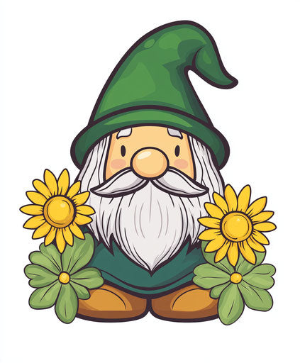 St. Patrick's Day Gnome with Green Hat and Sunflowers: Vector Flat Icon Design Illustration
