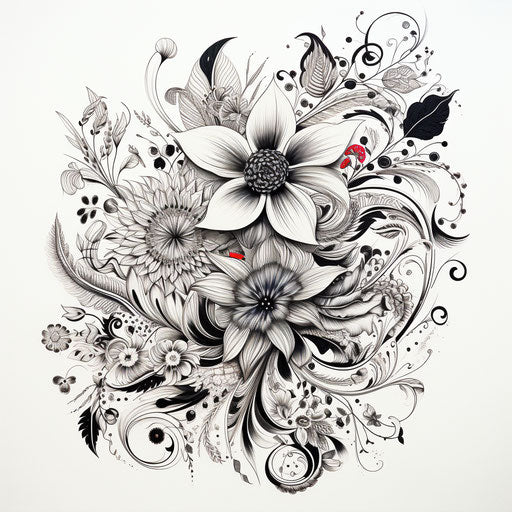 Drawing of flowers and leaves, intricate embellishments