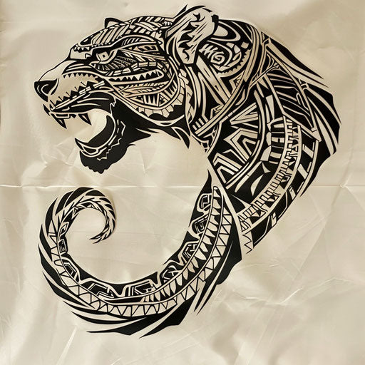 Polynesian tribal panther tattoo on white Tapa cloth