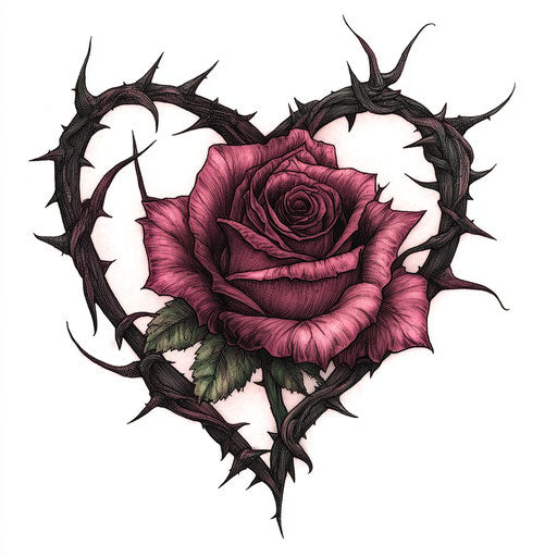 Rose with black thorns in dark red and pink heart, gothic style