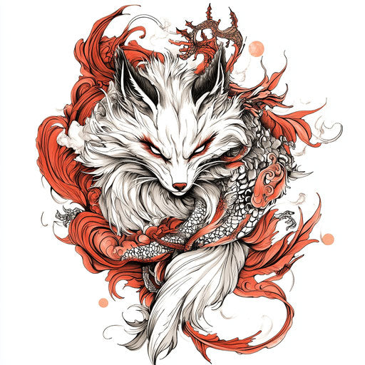 Beautiful clipart style flat tattoo sketch of a mystical kitsune with multiple tails on pure white background